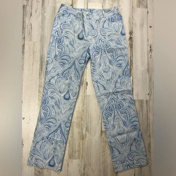 J. McLAUGHLIN Blue & White Paisley Light Weight Jeans Size 10 X 31.5 Inseam - Picture 2 of 11